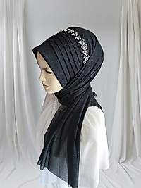 Aksesuar dahil siyah simli tektek hazır türban